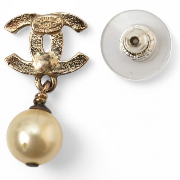 CHANEL Authentic Gold Pearl Logo Earrings
